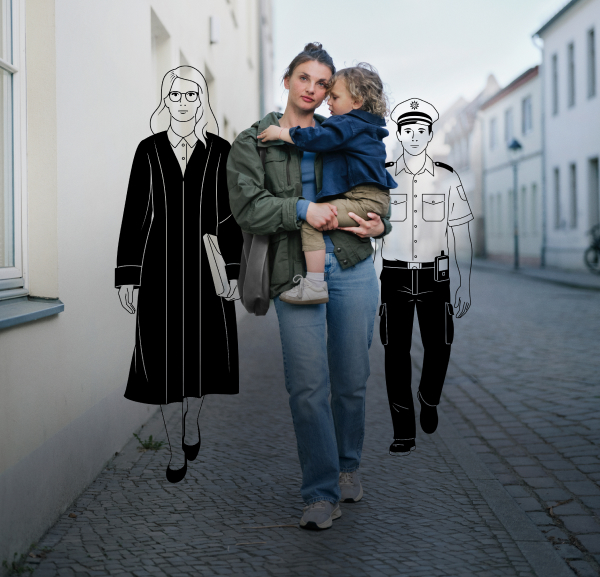Eine Mutter trägt ihre kleine Tochter auf dem Arm. Daneben sind zeichnerisch eine Richterin und ein Polizist dargestellt.